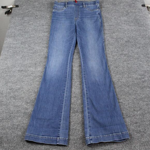 Spanx Jeans Large Tall Long Flare High Rise Pull On Blue Stretch Shaping Denim - Picture 1 of 10